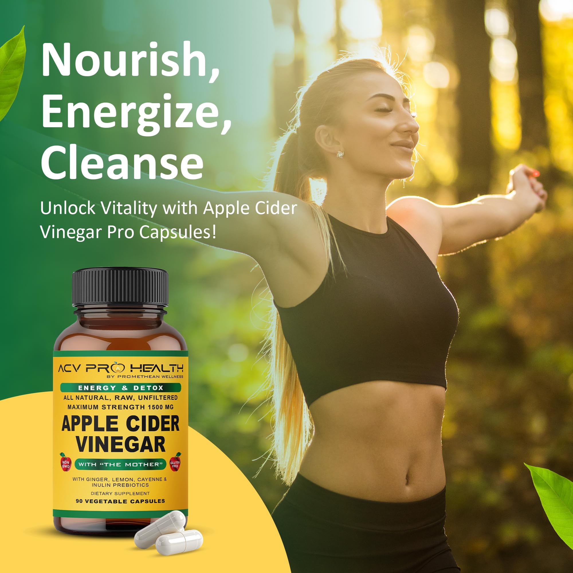 Promethean Wellness ACV Pro capsules close-up highlighting ingredients for digestion support.