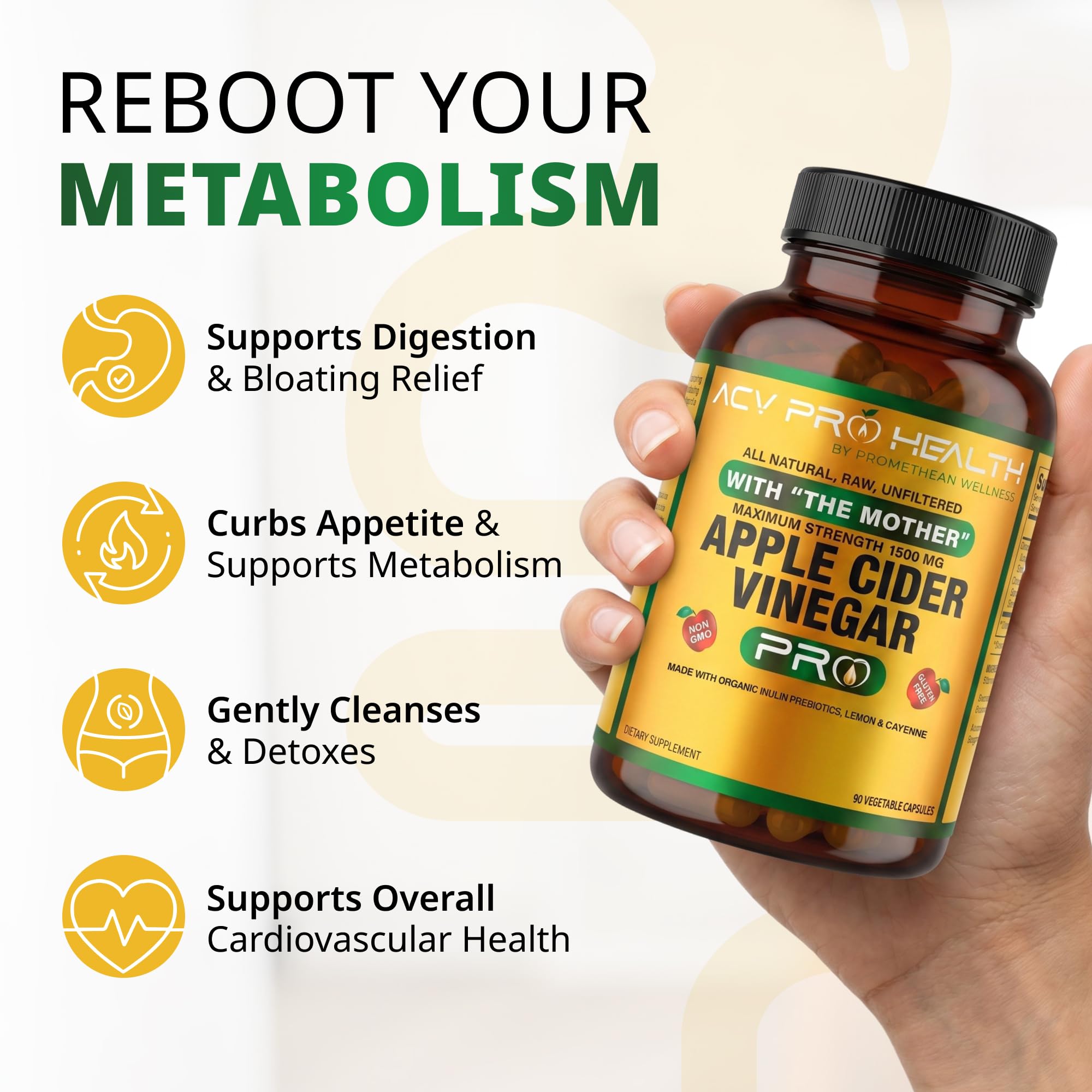 Promethean Wellness ACV Pro capsules close-up highlighting ingredients for digestion support.