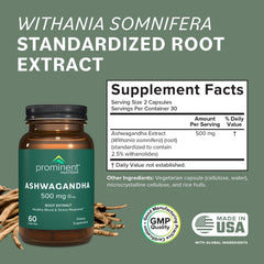 Prominent Nutrition Ashwagandha capsules showing 500 mg per serving