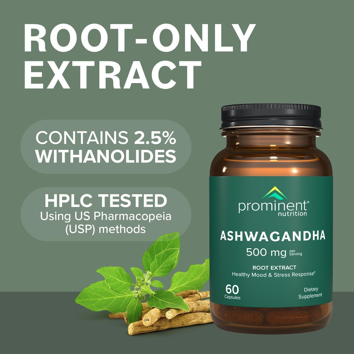 Prominent Nutrition Ashwagandha bottle on a clean kitchen counter for daily use