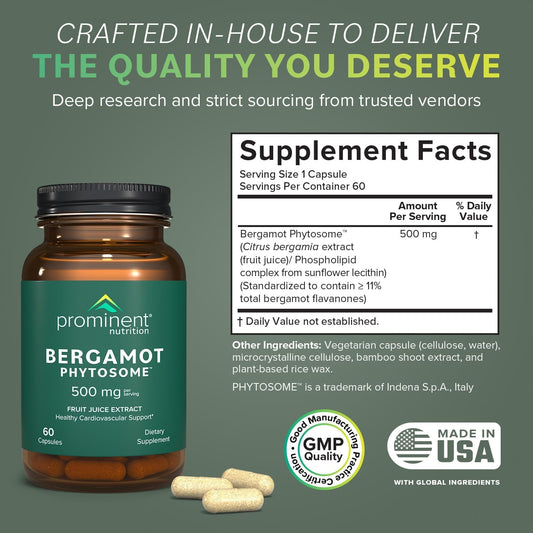 Prominent Nutrition Bergamot Phytosome bottle back explains potency for daily heart-support routines.