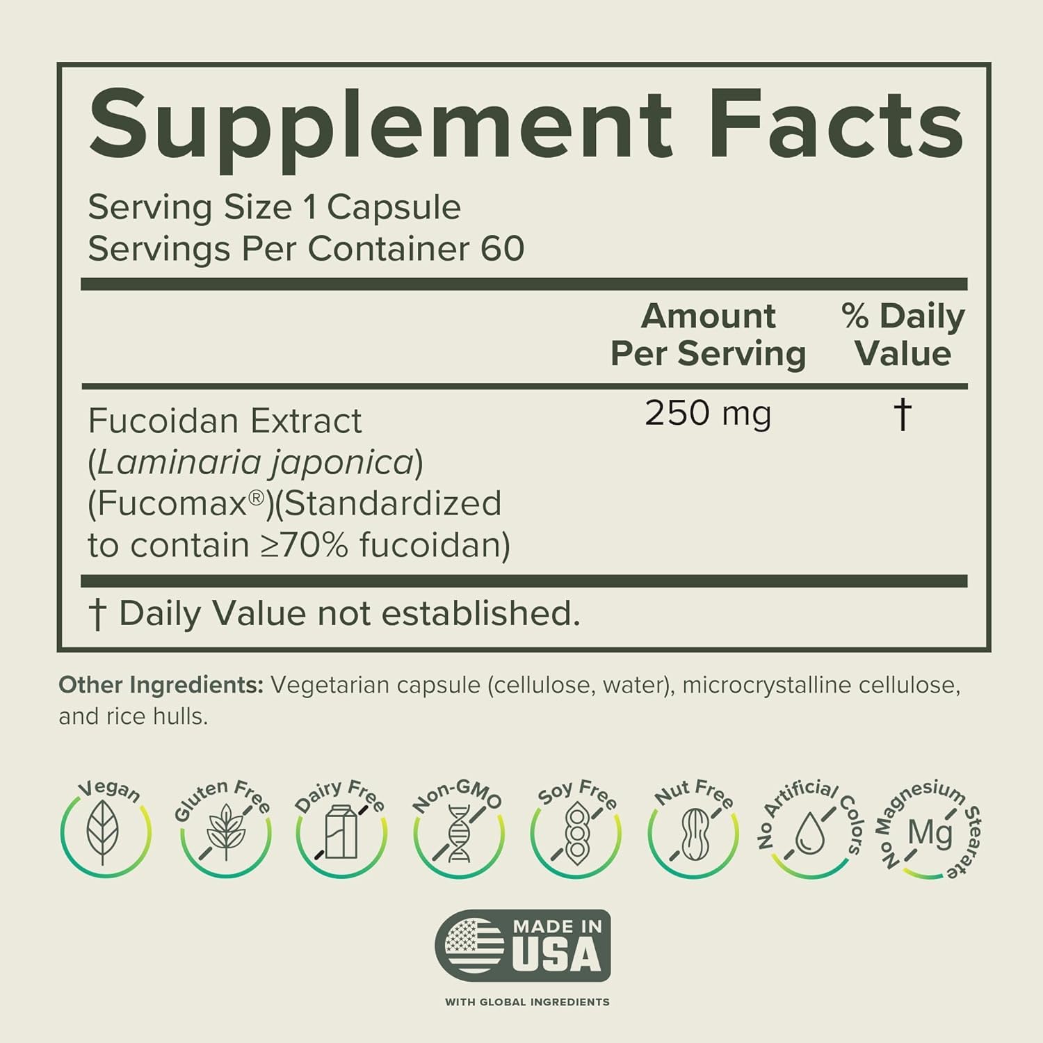 Prominent Nutrition Fucoidan capsules close-up highlighting vegan, non-GMO daily wellness support.