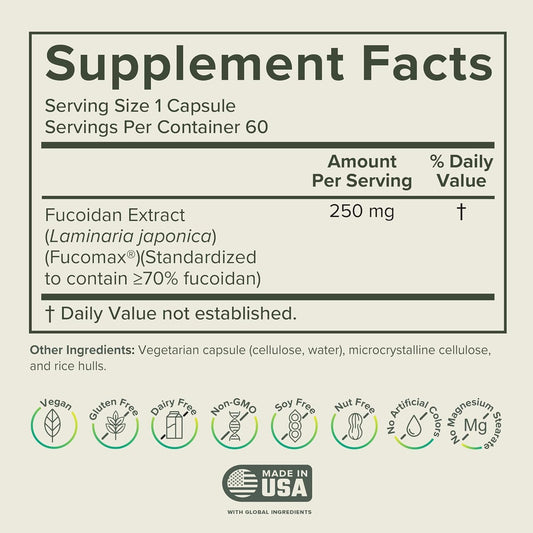 Prominent Nutrition Fucoidan capsules close-up highlighting vegan, non-GMO daily wellness support.