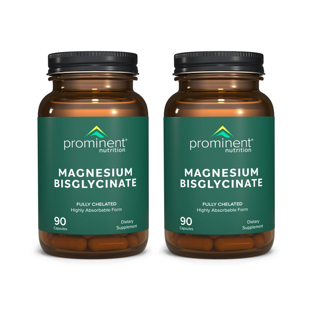 Prominent Nutrition magnesium bisglycinate capsules in a bottle support calm focus.