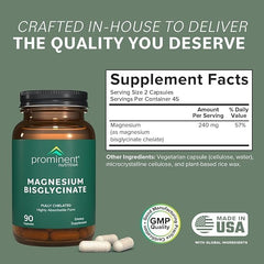 Prominent Nutrition magnesium bisglycinate capsules closeup highlights purity and clean labeling.