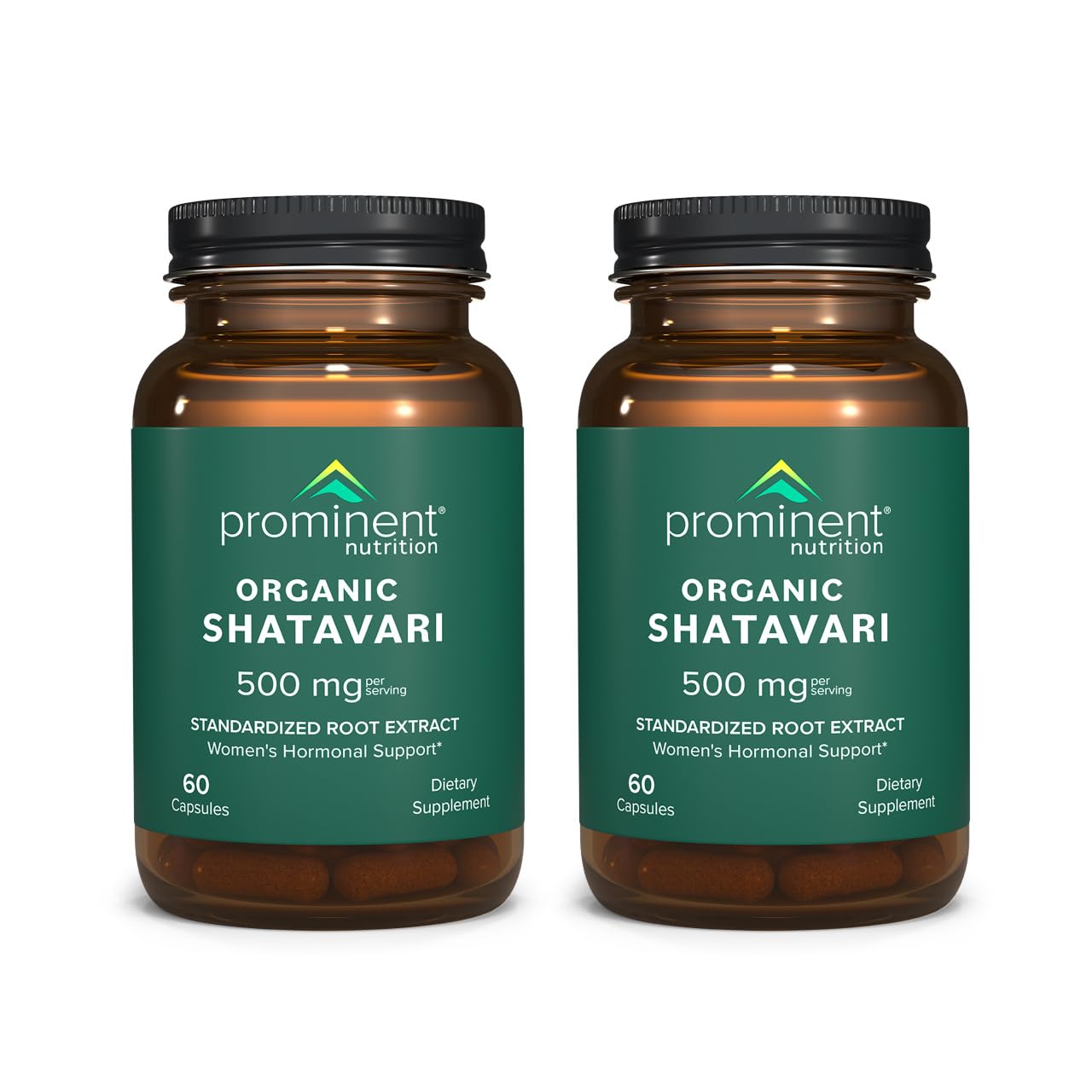 Prominent Nutrition Organic Shatavari capsules bottle highlighting standardized root extract for women's hormone balance.