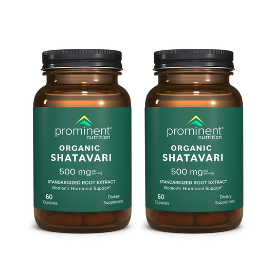 Prominent Nutrition Organic Shatavari capsules bottle highlighting standardized root extract for women's hormone balance.