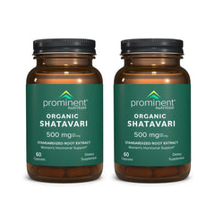 Prominent Nutrition Organic Shatavari capsules bottle highlighting standardized root extract for women's hormone balance.
