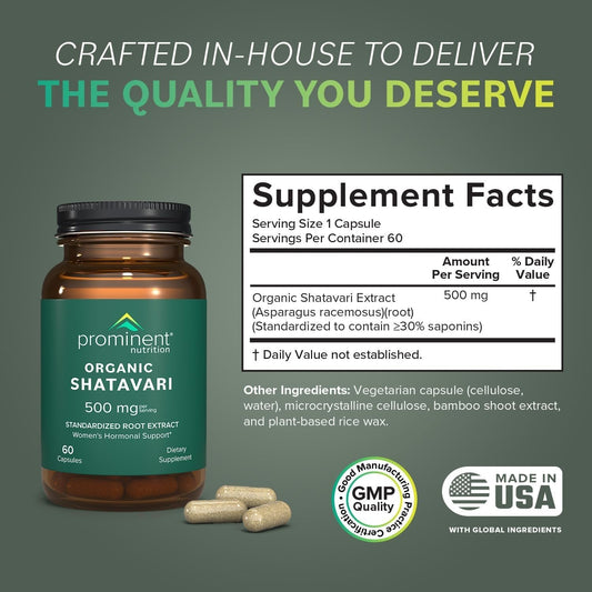 Prominent Nutrition Shatavari capsules close-up showing vegan, non-GMO formulation for menstrual wellness.