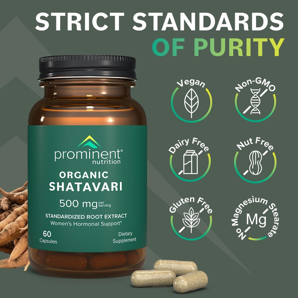 Prominent Nutrition Shatavari capsules poured from bottle for daily hormone support.