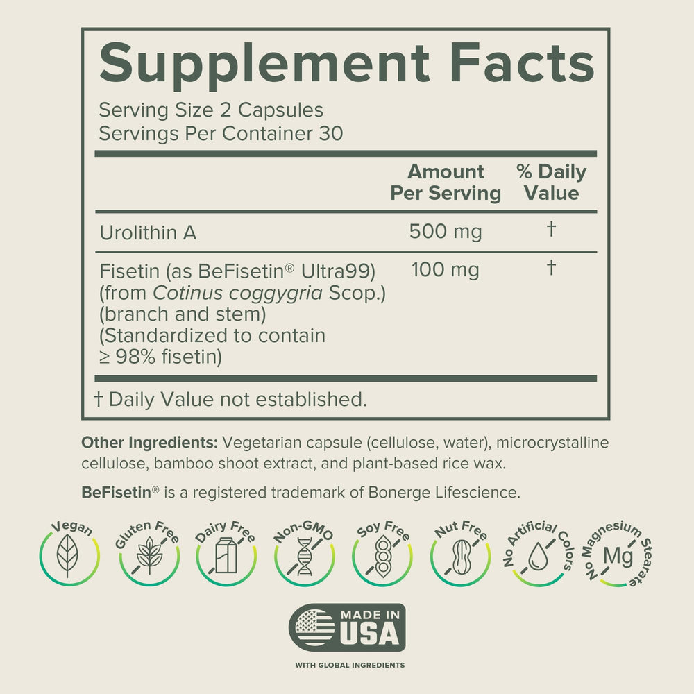 Prominent Nutrition Urolithin A + Fisetin packaging highlights high potency for longevity