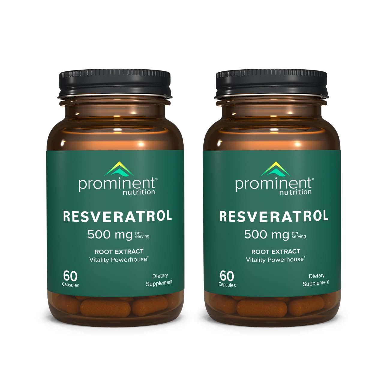 Prominent Nutrition Resveratrol bottle label showing 98% trans-resveratrol for antioxidant support.