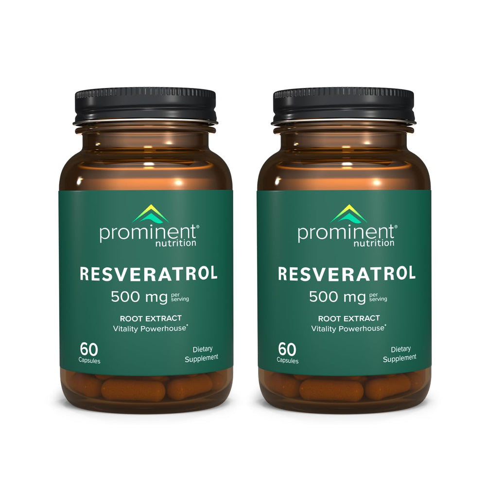 Prominent Nutrition Resveratrol bottle label showing 98% trans-resveratrol for antioxidant support.