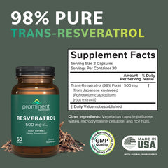 Prominent Nutrition Resveratrol capsules with taste-free, easy-to-swallow design.