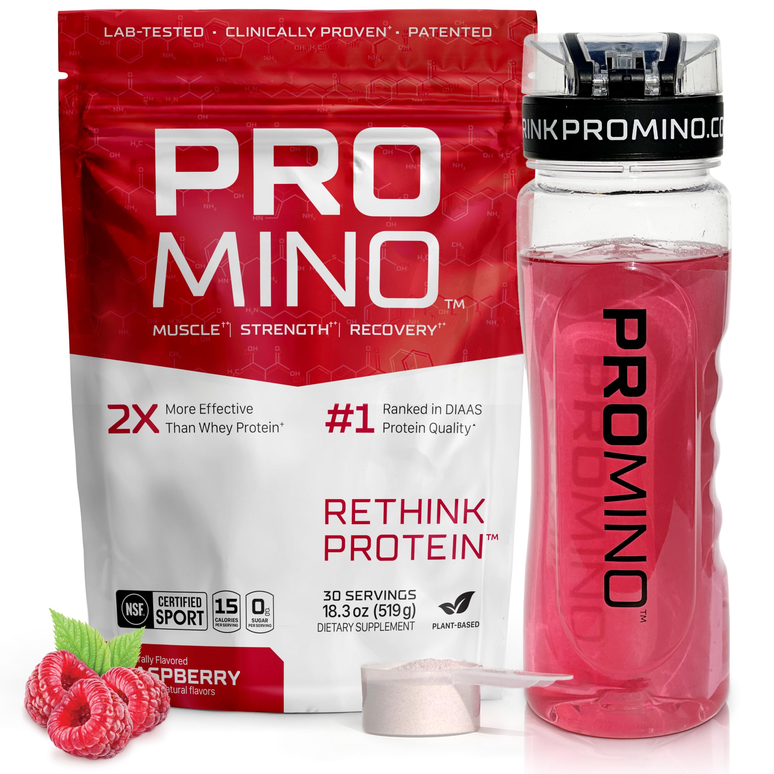 Promino Essential Aminos Raspberry bottle ready for post-workout recovery.