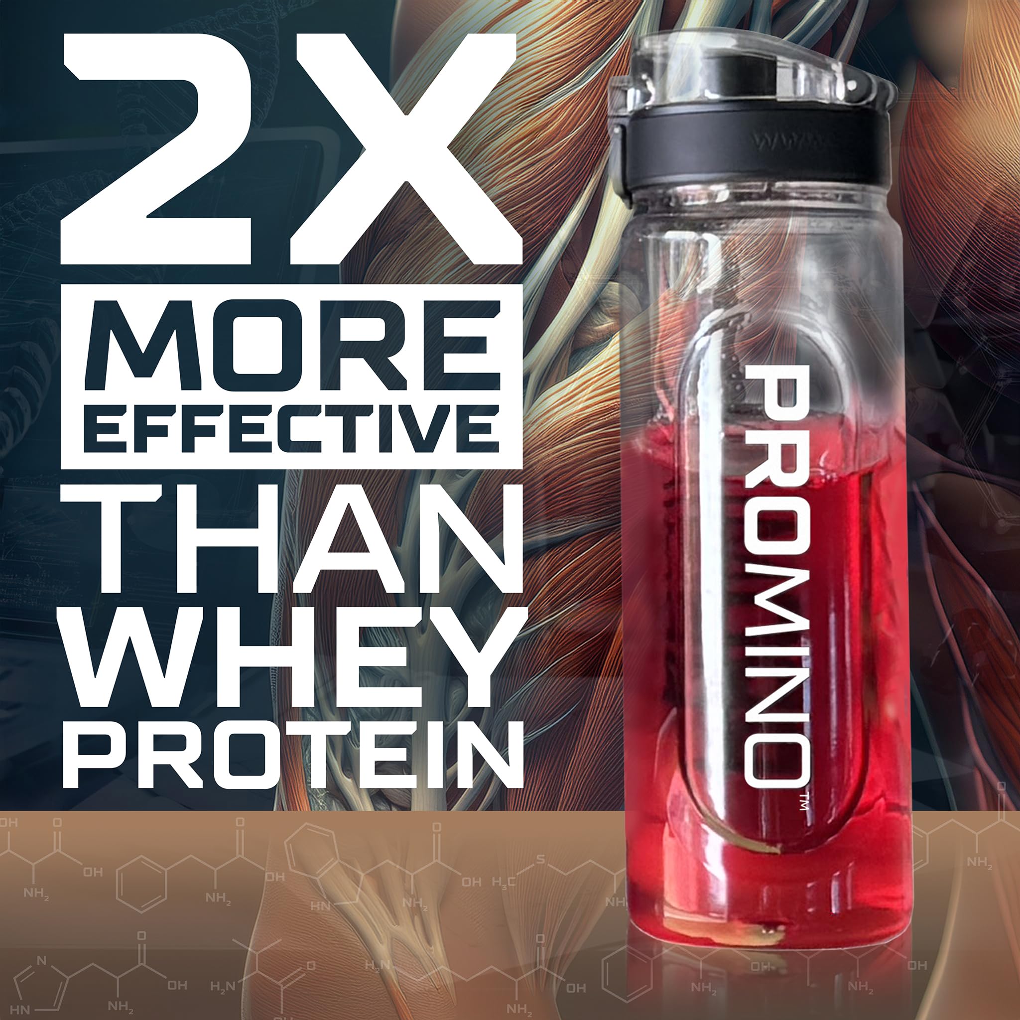 Promino Essential Aminos Raspberry scoop beside the container for easy mix.