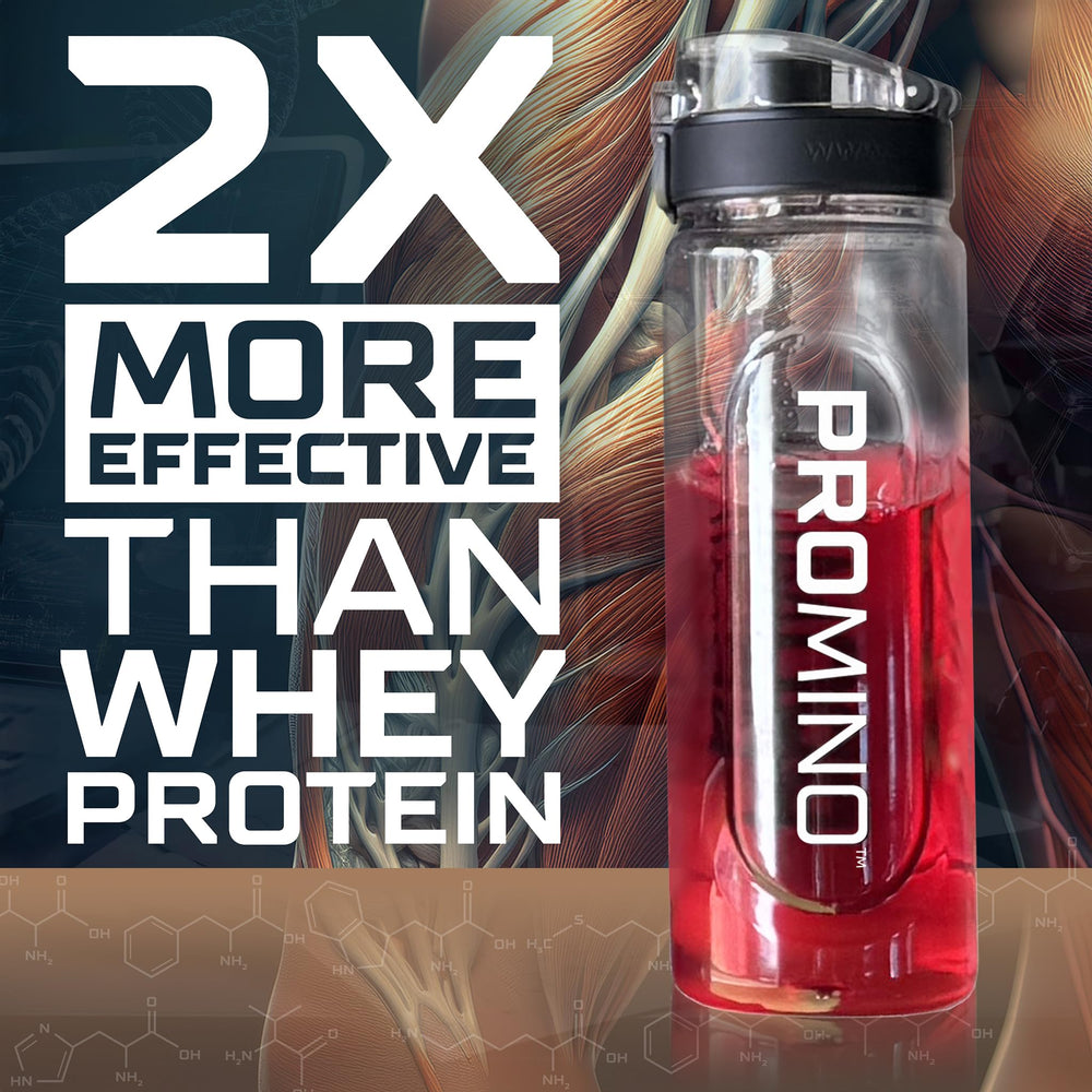 Promino Essential Aminos Raspberry scoop beside the container for easy mix.