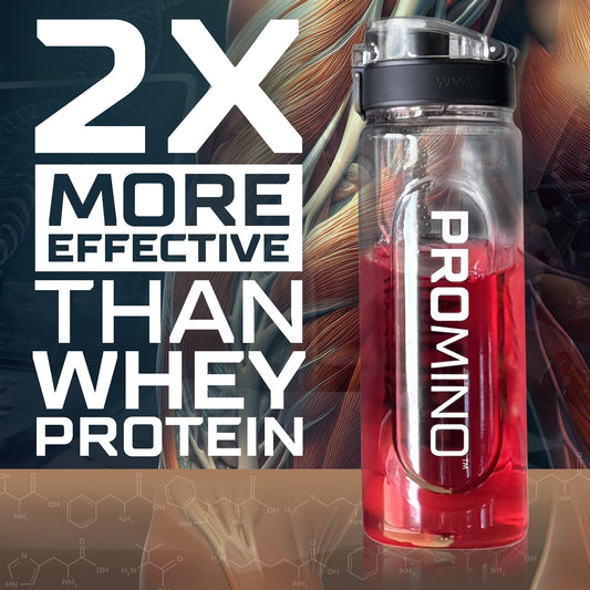 Promino Essential Aminos Raspberry scoop beside the container for easy mix.