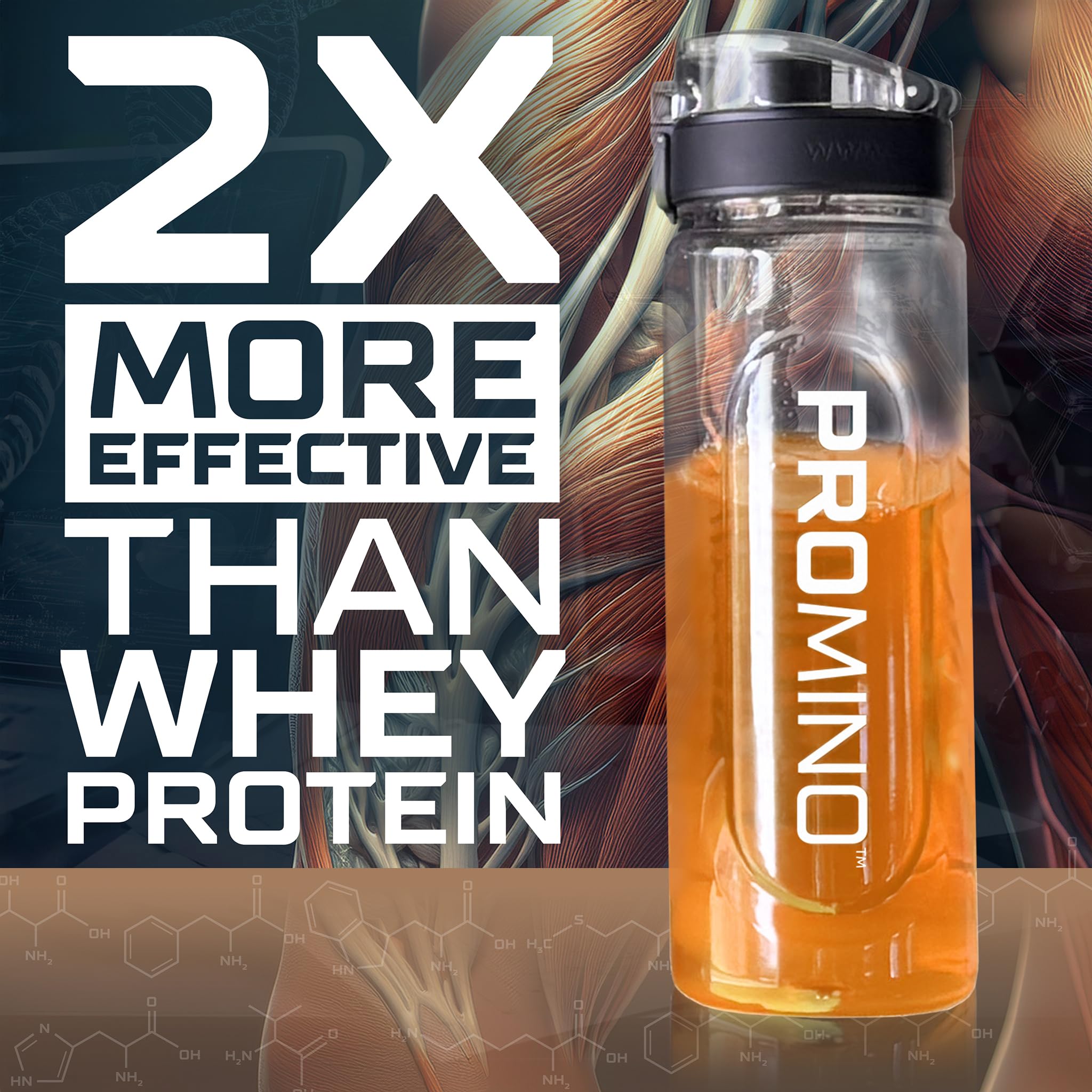 Promino powder with leucine and EAA blend supports efficient muscle protein synthesis.
