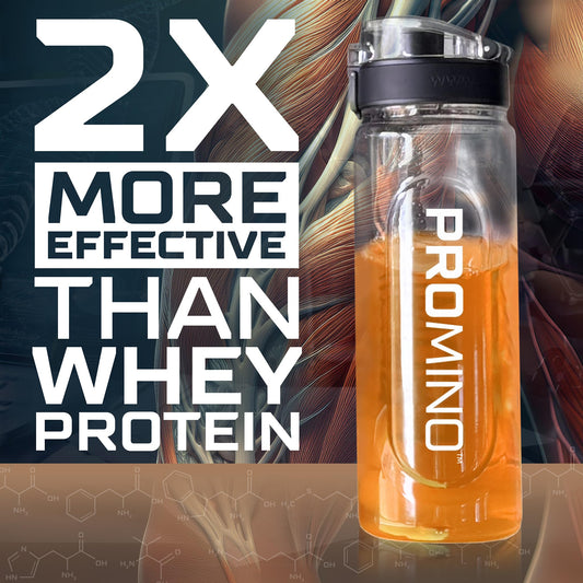 Promino powder with leucine and EAA blend supports efficient muscle protein synthesis.
