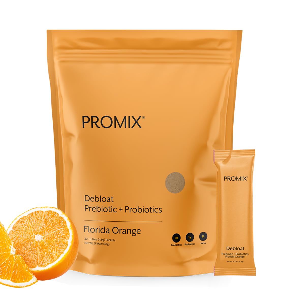 Promix Debloat orange bottle front promotes easy digestion and daily wellness.