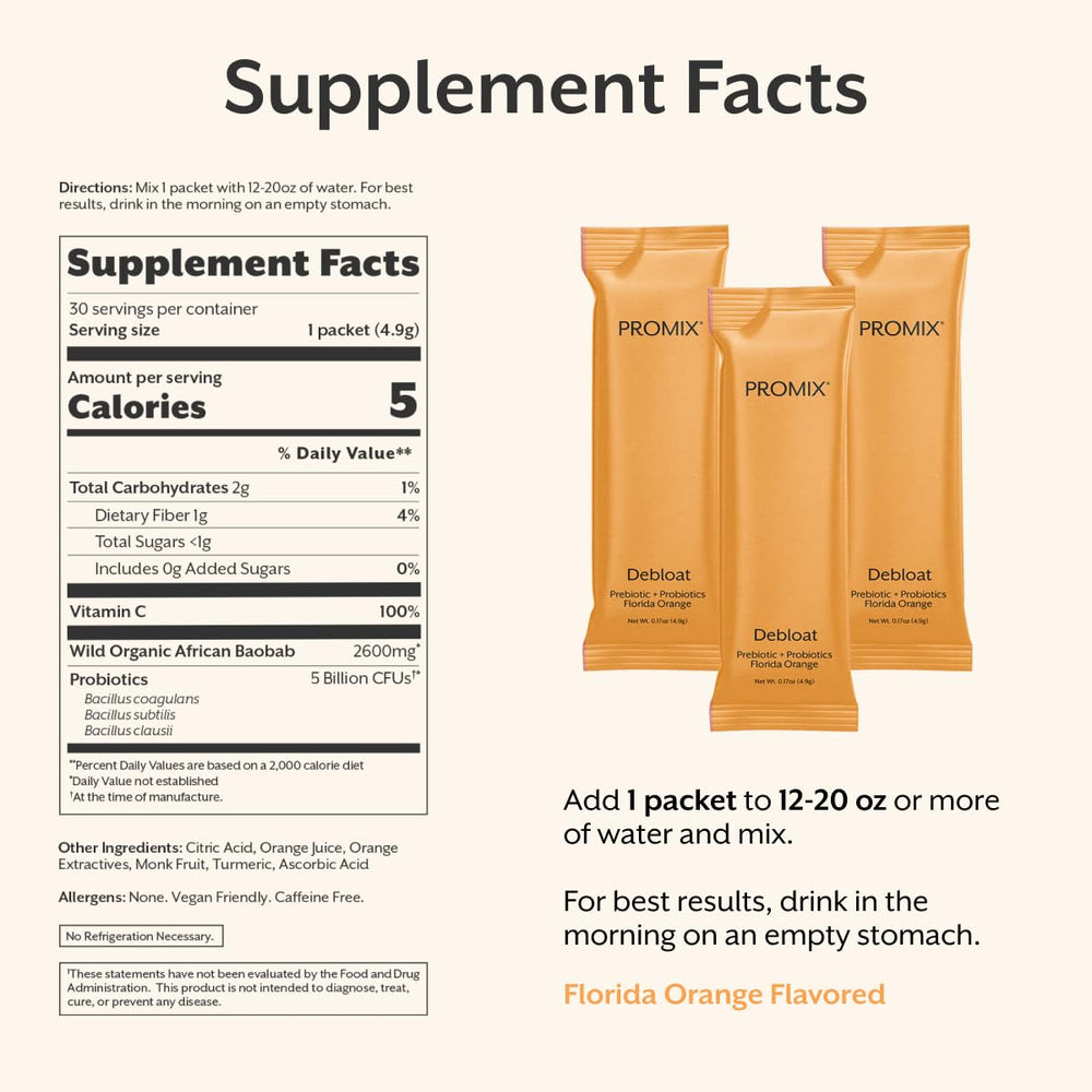 Promix Debloat packaging with 30 servings provides convenient daily use.