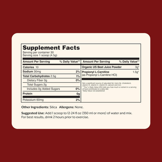 Promix Blood Flow ingredients close-up showing organic beet root powder.
