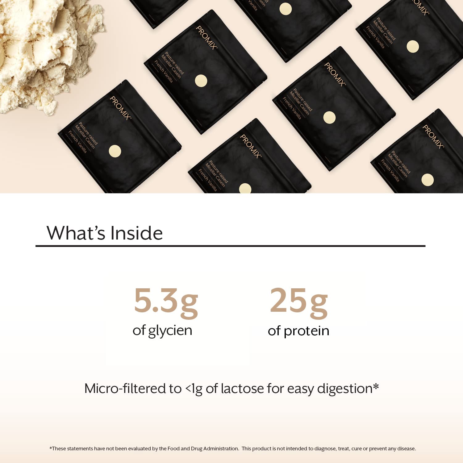 ProMix Casein scoop-dispense scene shows ready-to-use serving for daily use