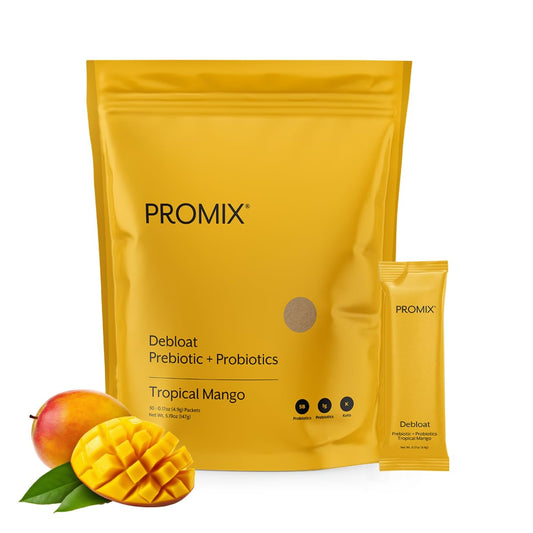 ProMix Nutrition Debloat bottle close-up highlighting mango flavor for digestive comfort.