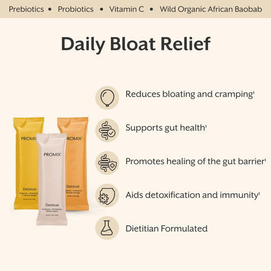 Promix Nutrition Debloat bottle side label highlights key ingredients like probiotics and baobab fiber.