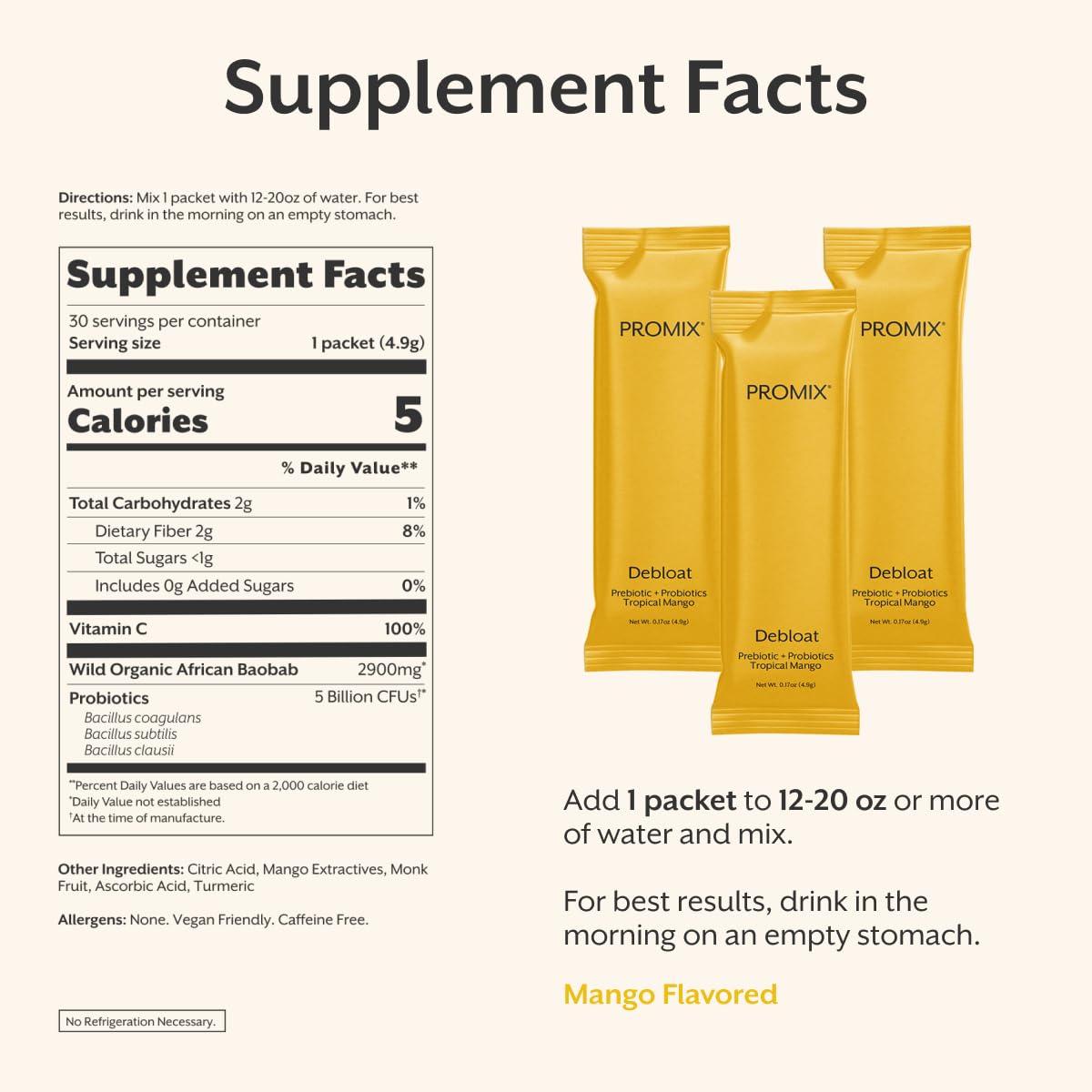 ProMix Nutrition Debloat ingredients spread features baobab fiber and probiotics.