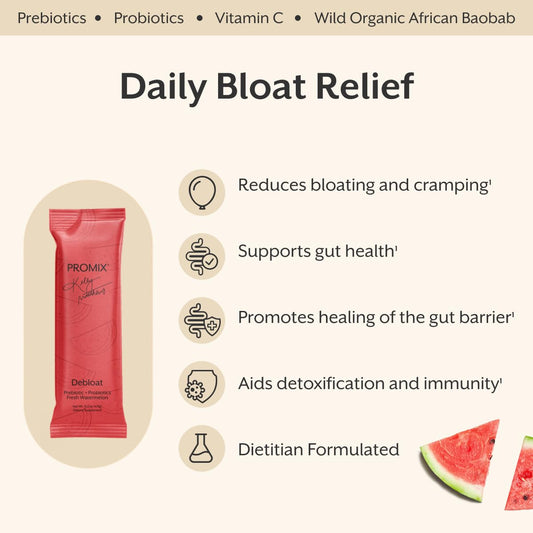 Promix Debloat bottle pour showing serving size for daily use