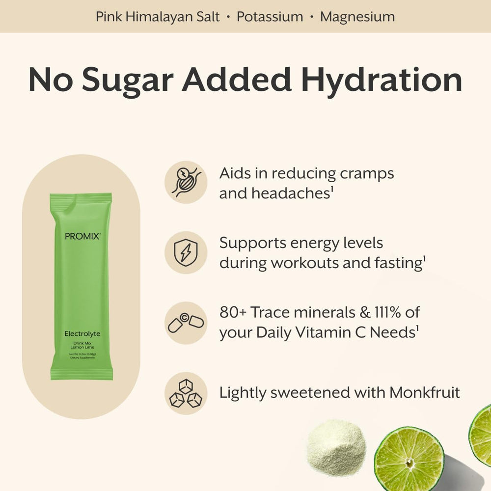 ProMix electrolytes dissolve in water for refreshing lemon lime hydration.