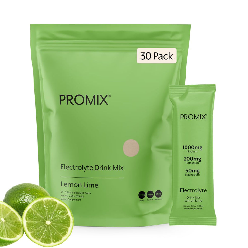 ProMix Nutrition electrolytes stick pack in lemon lime flavor for on-the-go hydration.