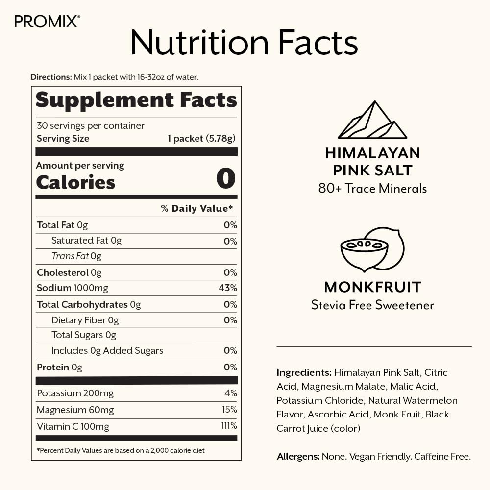 Close-up of Promix watermelon electrolyte stick pack ingredients and label.