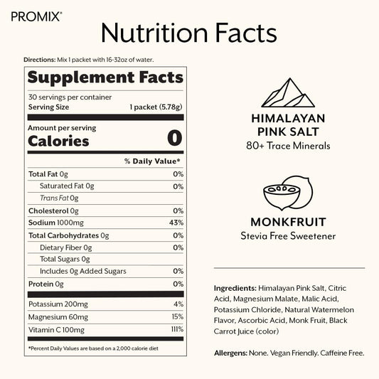 Close-up of Promix watermelon electrolyte stick pack ingredients and label.