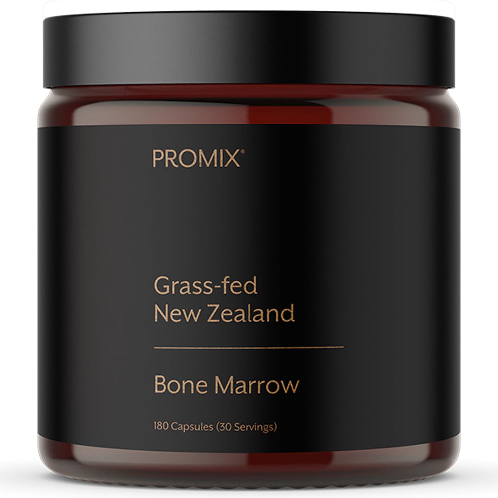 Promix Nutrition grass-fed bone marrow supplement bottle shows clean label and capsules.