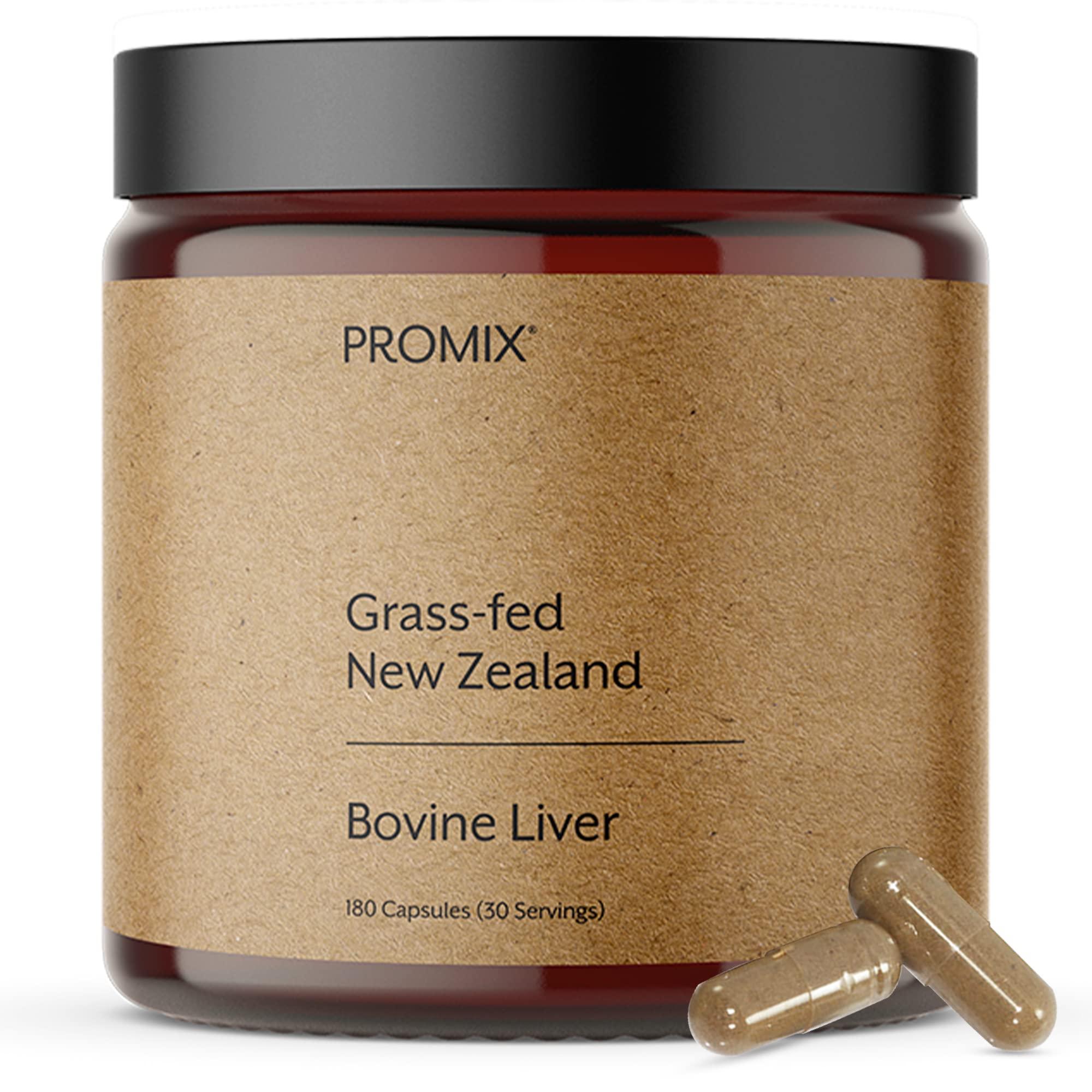 Promix Nutrition bottle of grass-fed raw beef liver supplement with premium sourcing for energy support