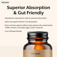 Promix Nutrition Heme Iron ingredients list highlighting gluten-free and allergen-free features