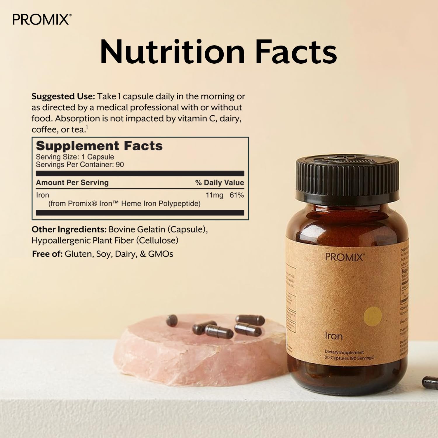 Promix Nutrition Heme Iron tablets close-up, high bioavailability supporting steady energy