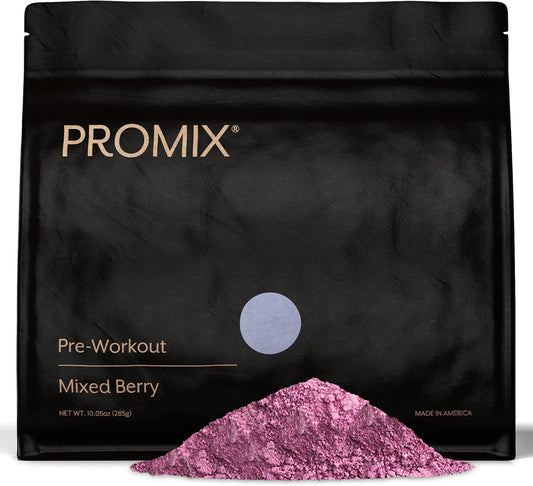 Promix Nutrition Pre-Workout Powder Mixed Berry tub highlights easy storage and clean energy.