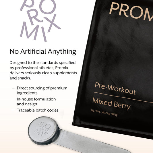 Promix Nutrition pre-workout scoop image shows quick mix and enhanced focus.