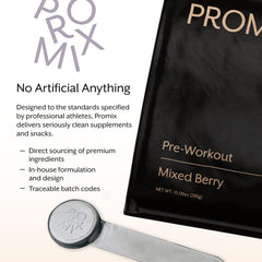 Promix Nutrition pre-workout scoop image shows quick mix and enhanced focus.
