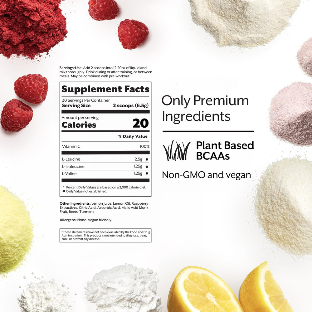 Scoop dispensing Promix BCAA powder for Raspberry Lemon flavor.