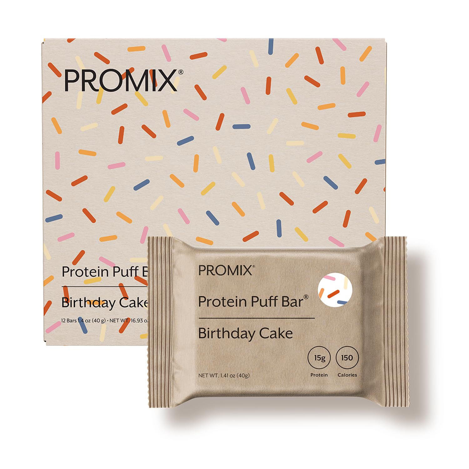 ProMix Nutrition Protein Puff Bars Birthday Cake bar close-up, high-protein on-the-go snack.