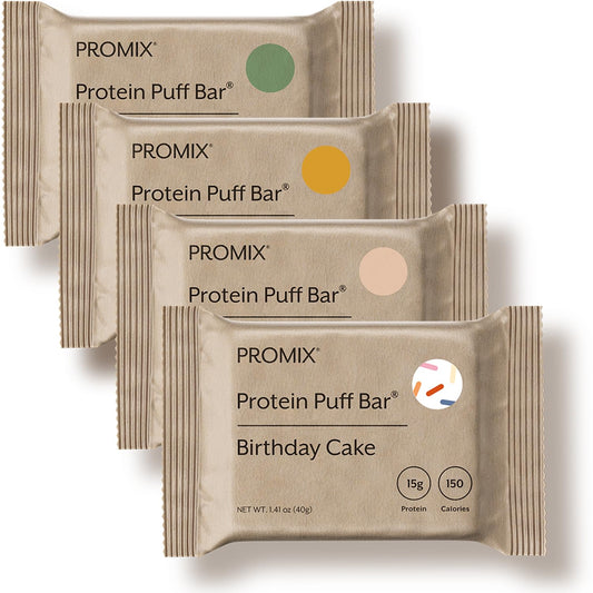 ProMix Nutrition Protein Puff Bars Birthday Cake pack for a high-protein snack.