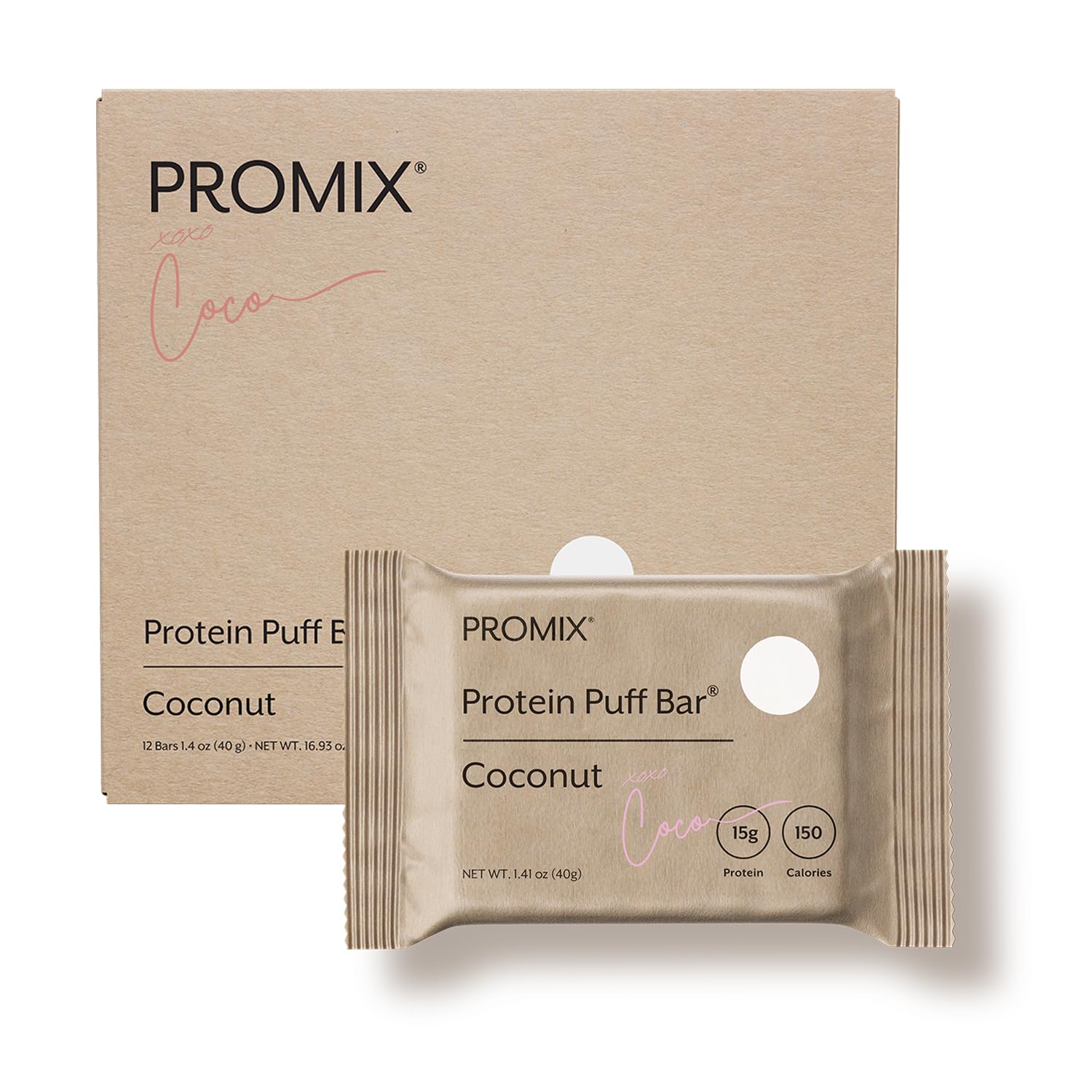 ProMix Nutrition Protein Puff Bars Coconut packaging for convenient high-protein snacking.