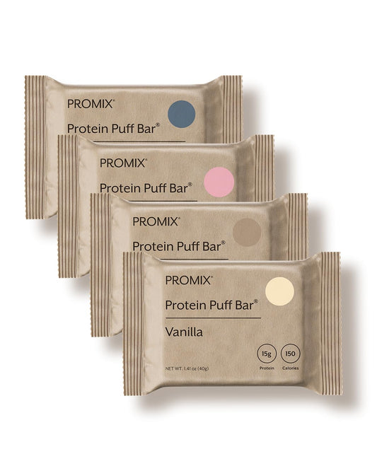 ProMix Nutrition Protein Puff Bars vanilla box, a low-sugar high-protein snack for on-the-go