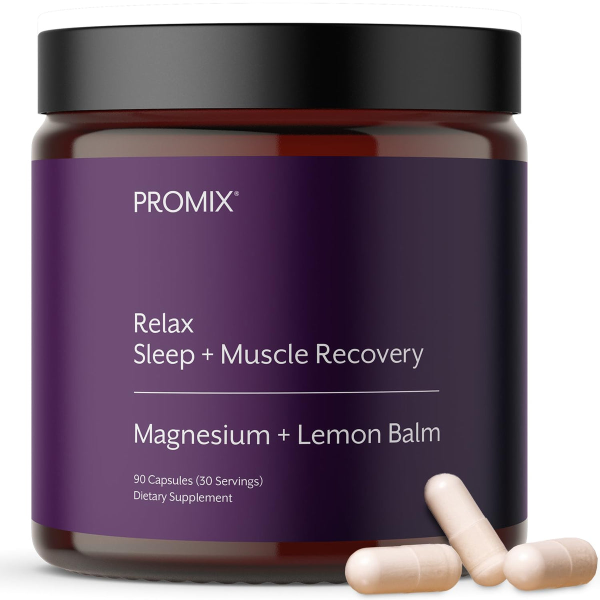 Promix Nutrition Relax bottle cap close-up showing easy-to-swallow capsules.
