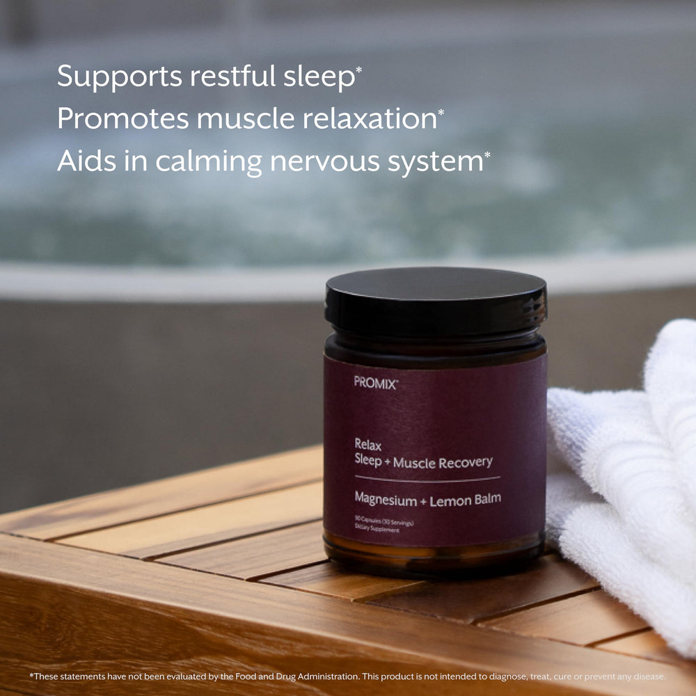 Promix Nutrition Relax label front emphasizing high-bioavailability magnesium and lemon balm.